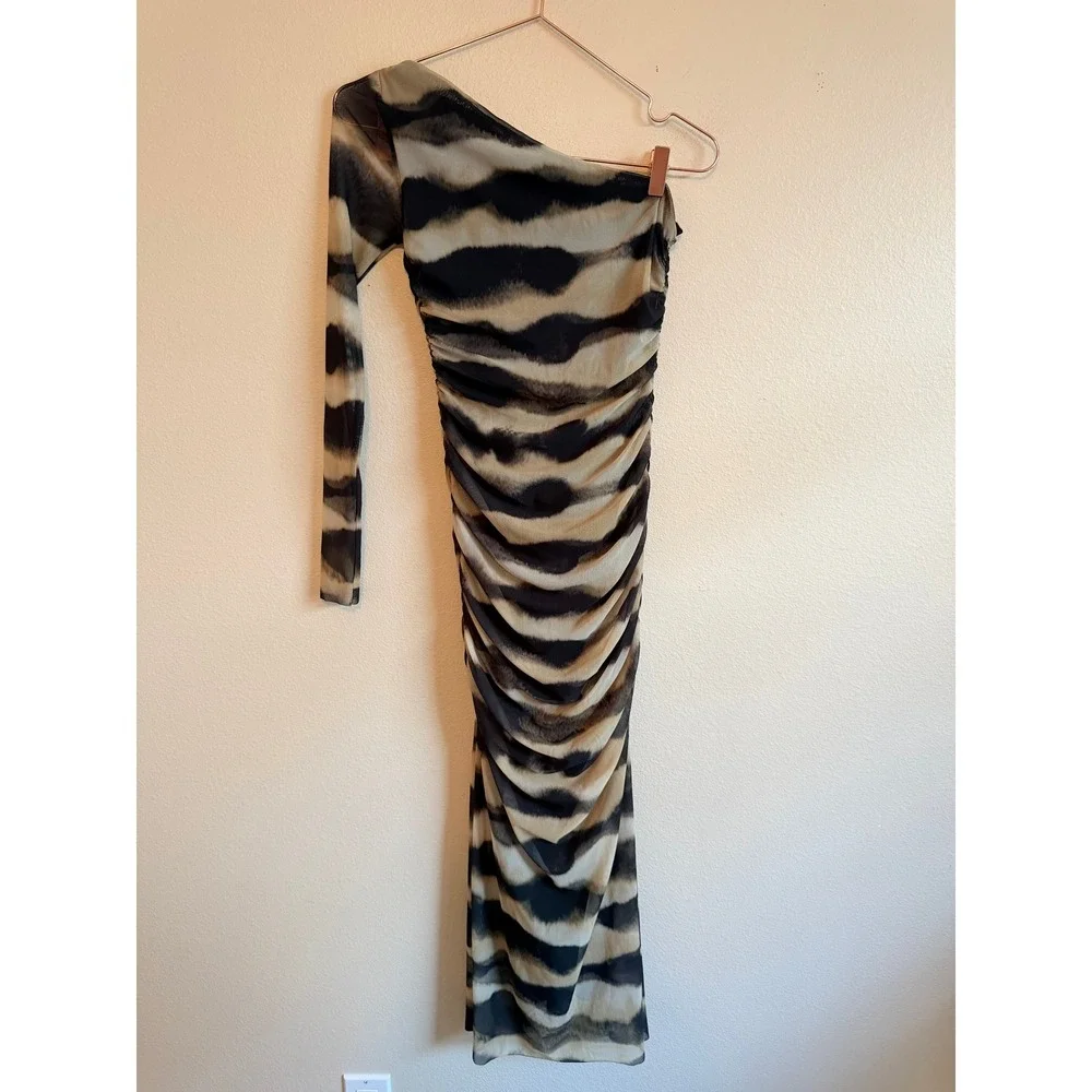 Zara Dress Women Small Black Tan One Shoulder Ruched Mesh Tie Dye Midi Bodycon - Picture 6 of 10